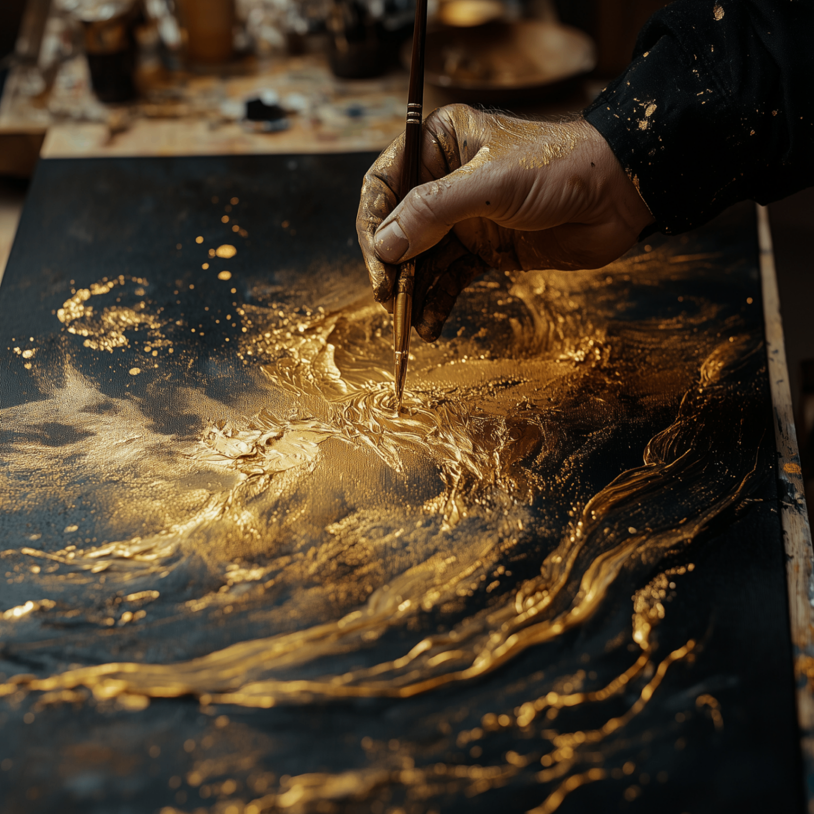 Hand holding a paintbrush dripping gold paint