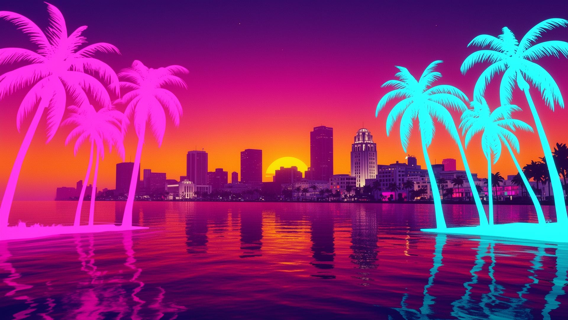 Neon coast skyline at sunset